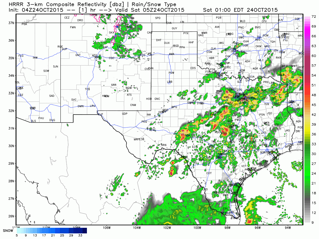 11 PM CT HRRR Model Run - Simulated Radar through late Morning. Times are in Eastern in the top-right part of the image.