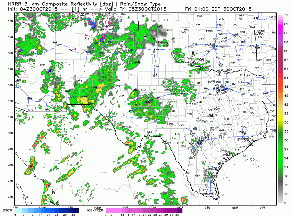 11 PM HRRR Simulated Weather Radar through lunchtime today. 