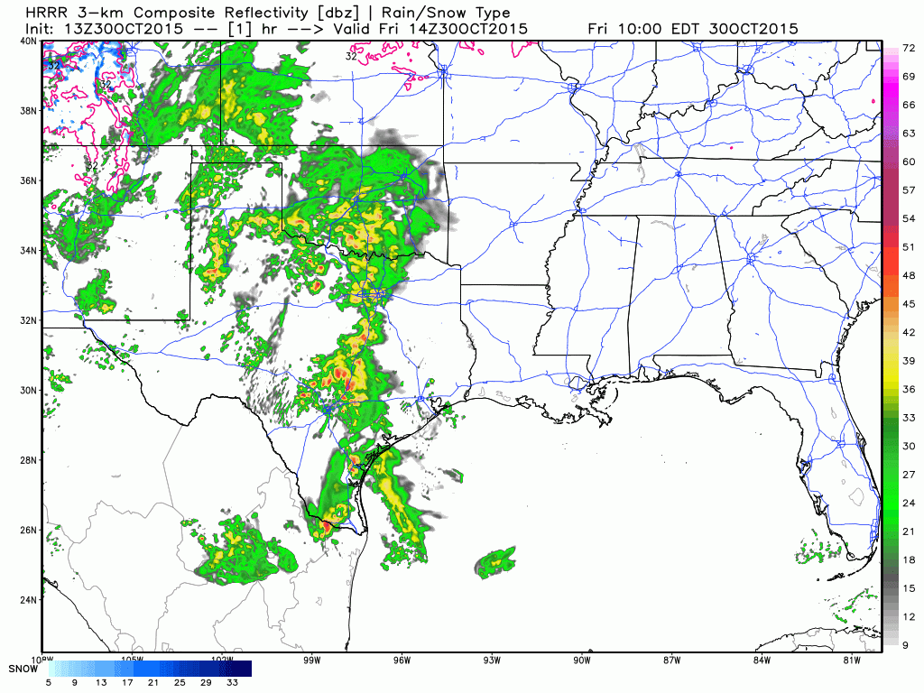 8 AM HRRR Weather Model simulated radar through this evening. Times are in eastern in top-right. 