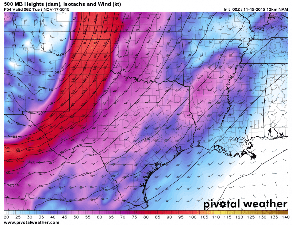 Winds at 500 millibars at 12 AM Tuesday from the 0Z NAM. Speed is in knots. 