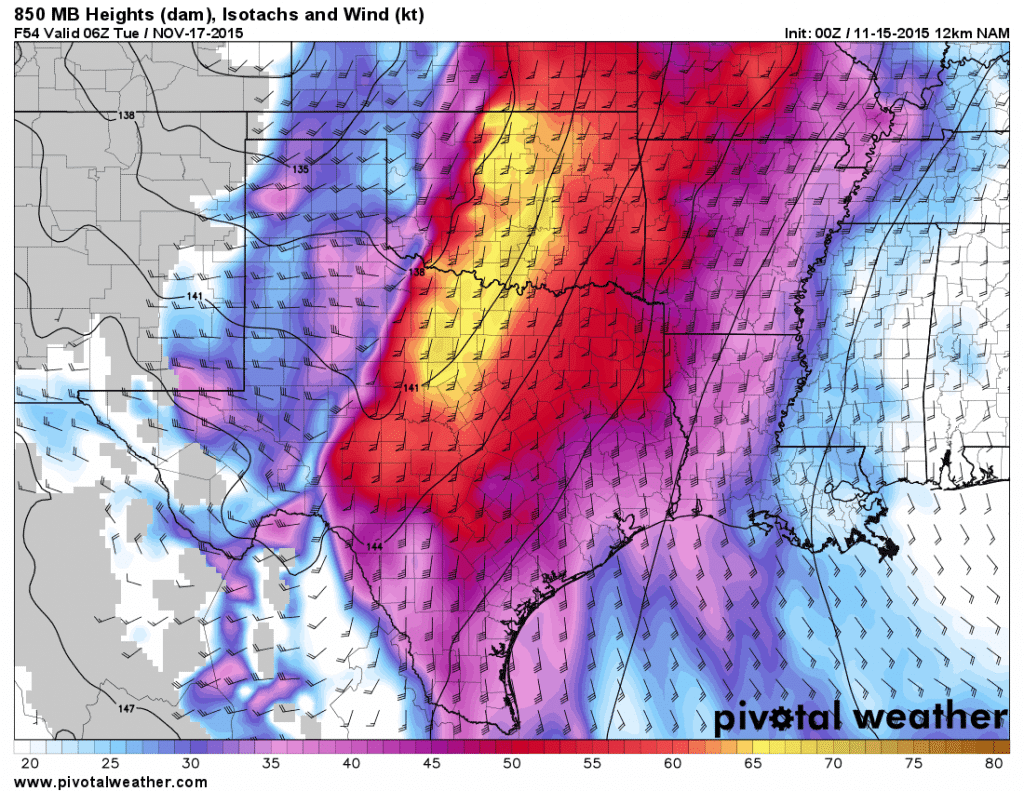 Winds at 850 millibars 12 AM Tuesday. This is around 5000 feet above sea level. Also from the 0Z NAM. 