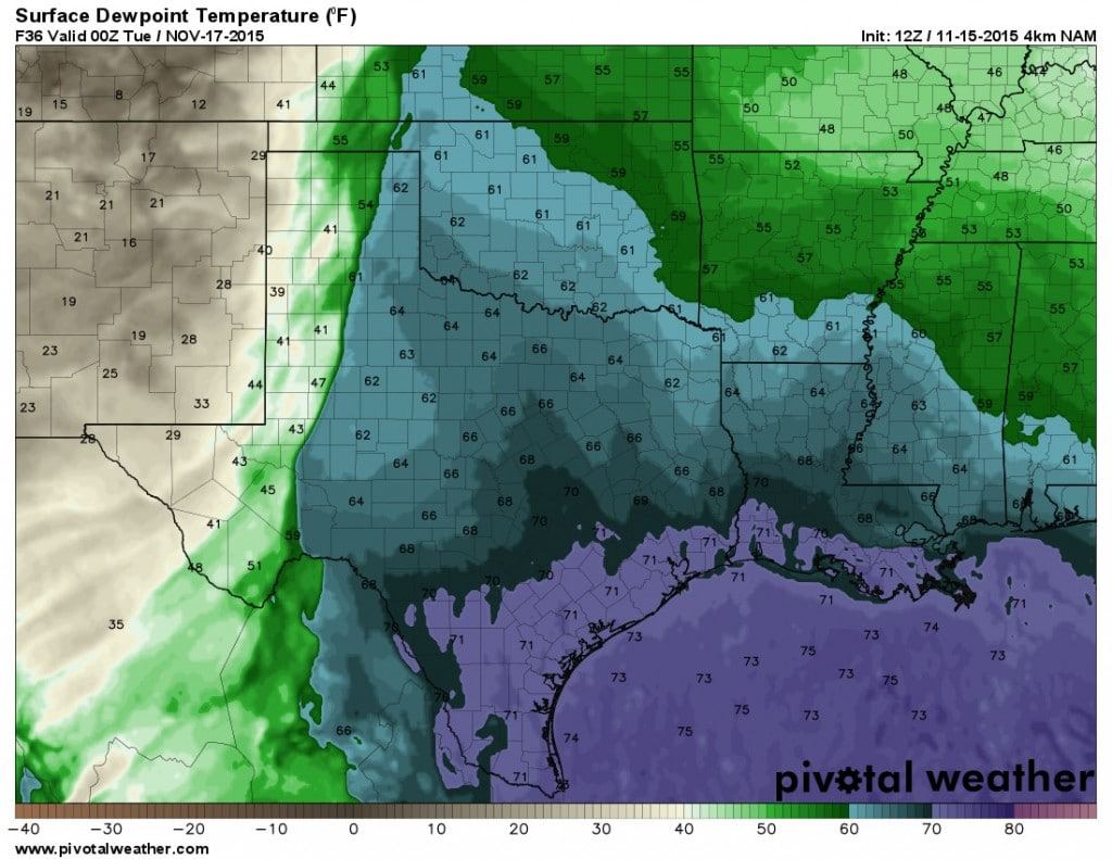 Surface moisture from the 12Z NAM at 6 PM on Sunday. The west edge of the moisture axis is the leading edge of the dryline. 
