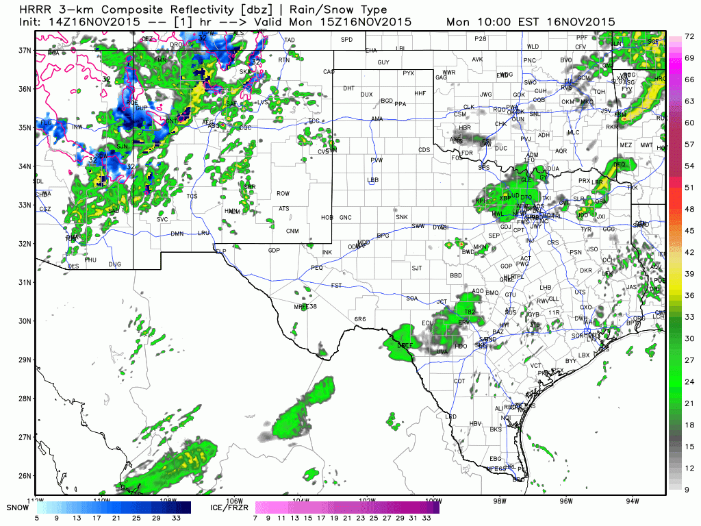 8 AM Run of the HRRR Weather Model showing simulated radar through the mid-evening hours. Times are in top-right part of the graphic and are in eastern (so convert it to central). 