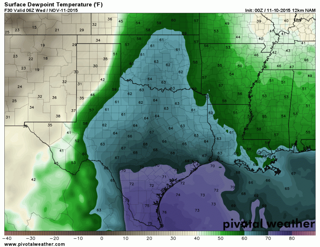 ANIMATION: Surface dewpoint (moisture) values during the day on Wednesday