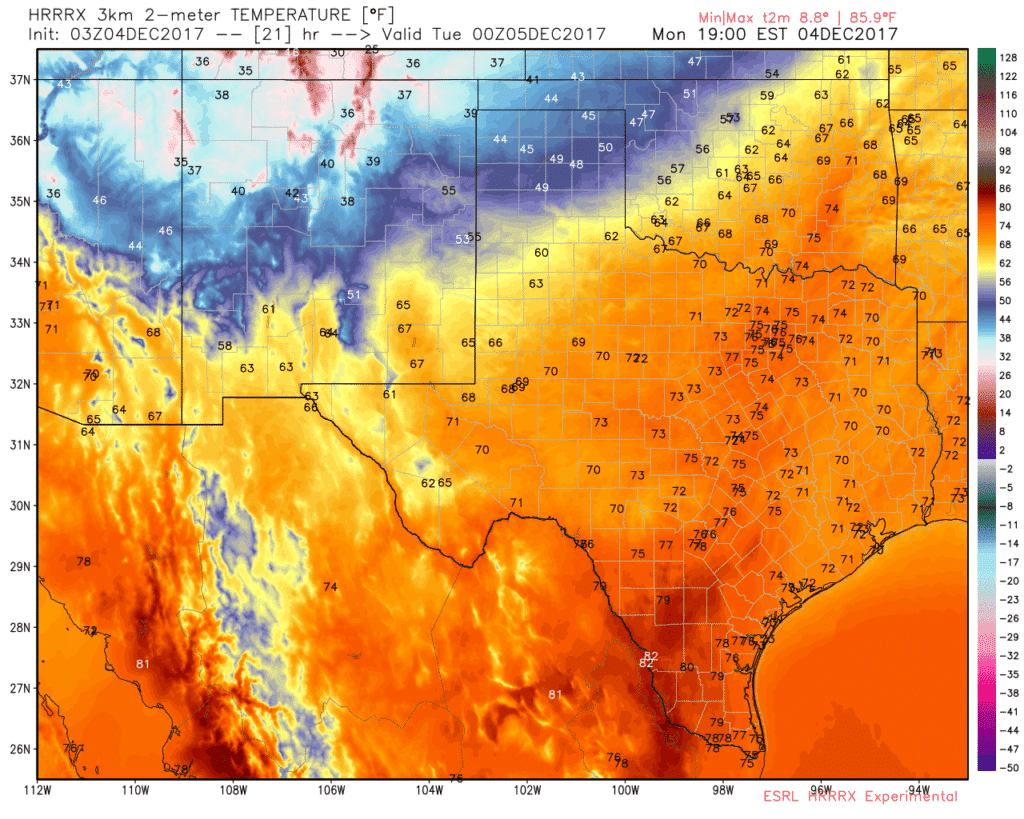 03Z HRRRx surface temperatures at 6 PM this evening. 