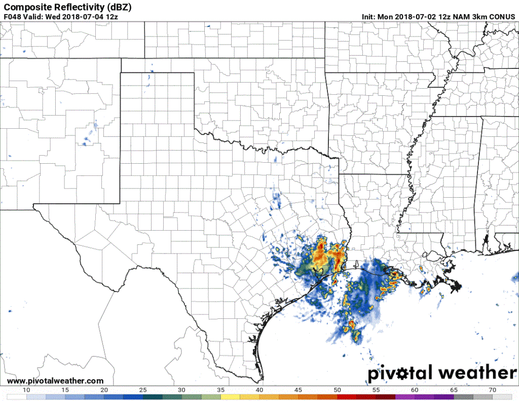 Simulated model radar from 7 AM Wednesday to 7 PM Wednesday (each frame progresses 3 hours forward). This is only a model-depiction and will not completely verify. Check back for updates and more accurate/specific Independence Day rain forecasts. 