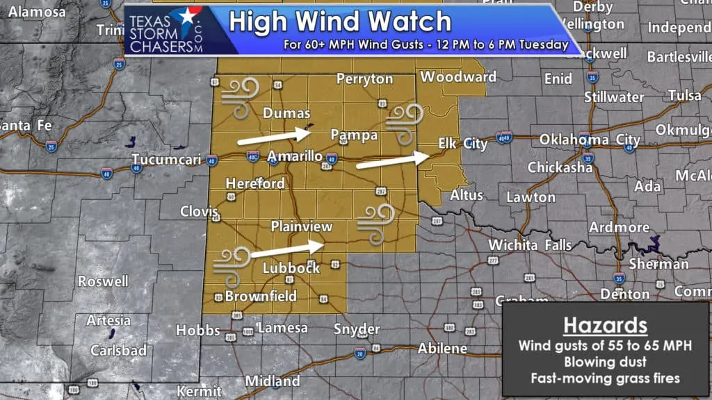 High wind watches covering all of the Texas Panhandle and West Texas