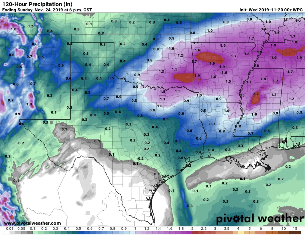Potential rain totals with the two storm systems (Wednesday through Friday). The weekend will be dry. 