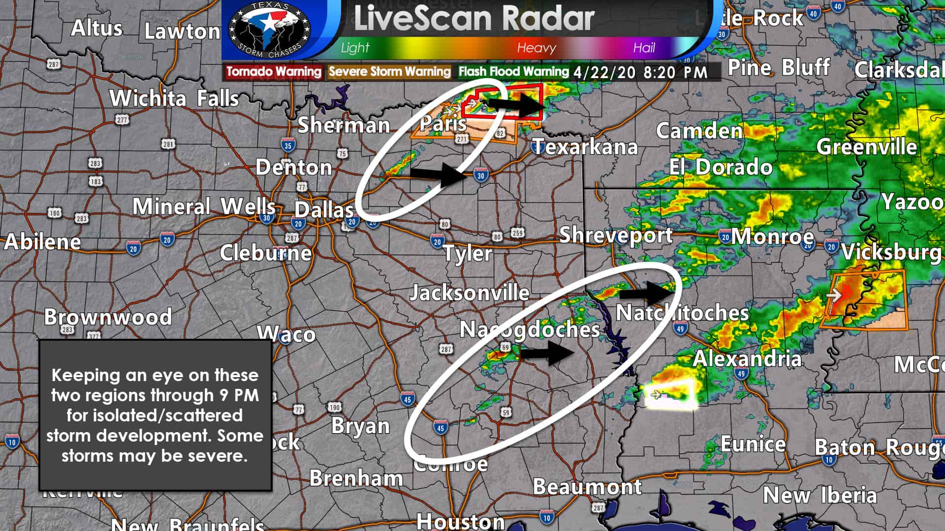 8:30PM: Tornado risk decreasing, but a few severe storms continue this evening in Northeast & East Texas