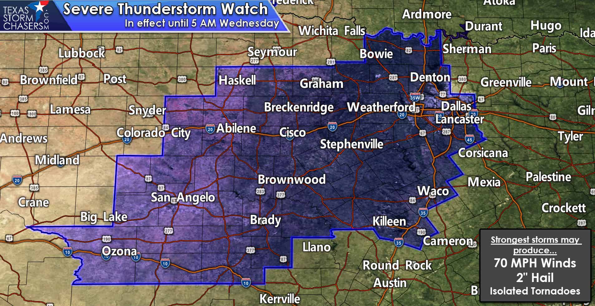 Severe Thunderstorm Watch ’till 5 AM for North Texas (I-35 and west) into the Concho Valley