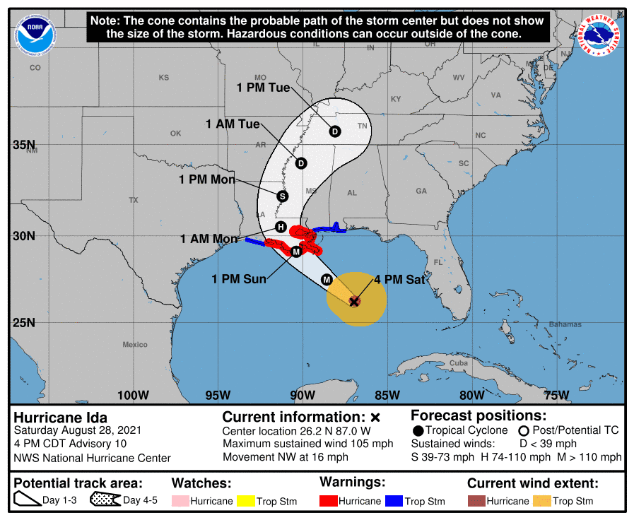 4 PM Hurricane Ida Advisory; Landfall on Sunday as a Major Hurricane in Southeast Louisiana