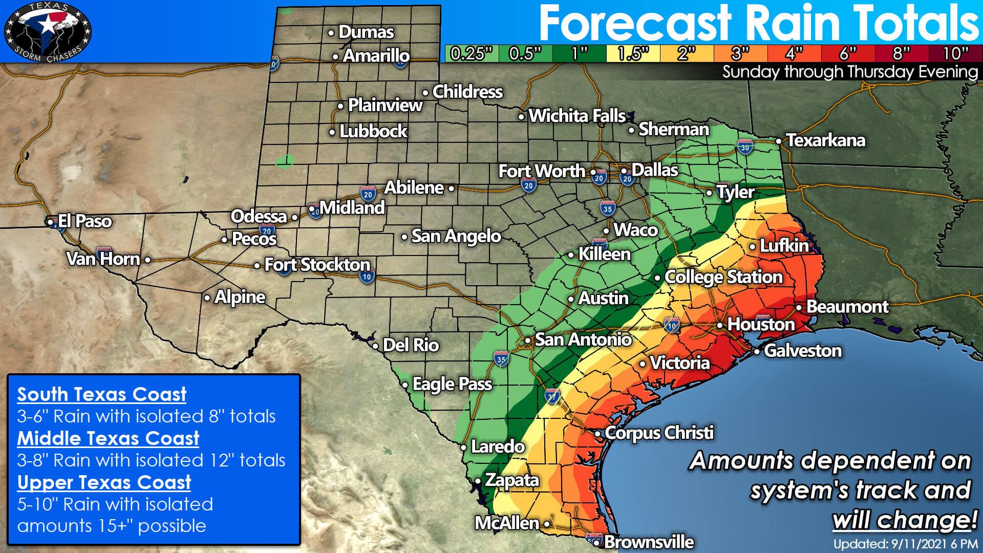 South Texas Coast 3-6" Rain with isolated 8" totals Middle Texas Coast 3-8" Rain with isolated 12" totals Upper Texas Coast 5-10" Rain with isolated amounts 15+" possible - Amounts dependent on system's track and will change!
