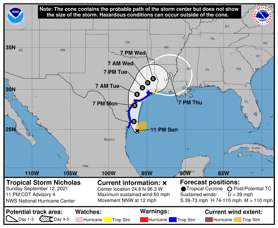 Nicholas reforms 150 miles north and strengthens; landfall now near 7 PM Monday