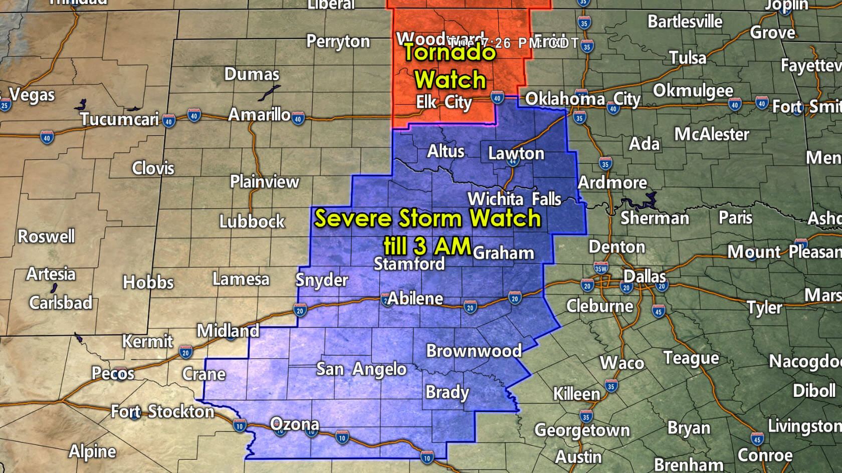 Severe Storm Watch for Northwest Texas, Big Country, Concho Valley; Storms move east overnight and Wednesday morning