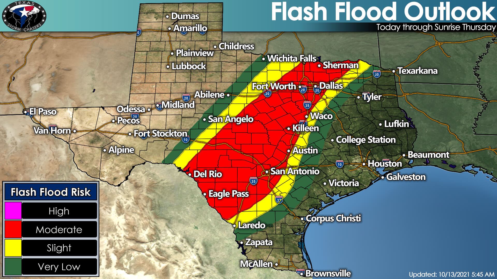 Moderate Risk of Flooding Later Today – Thursday Morning from D/FW to San Antonio & Del Rio