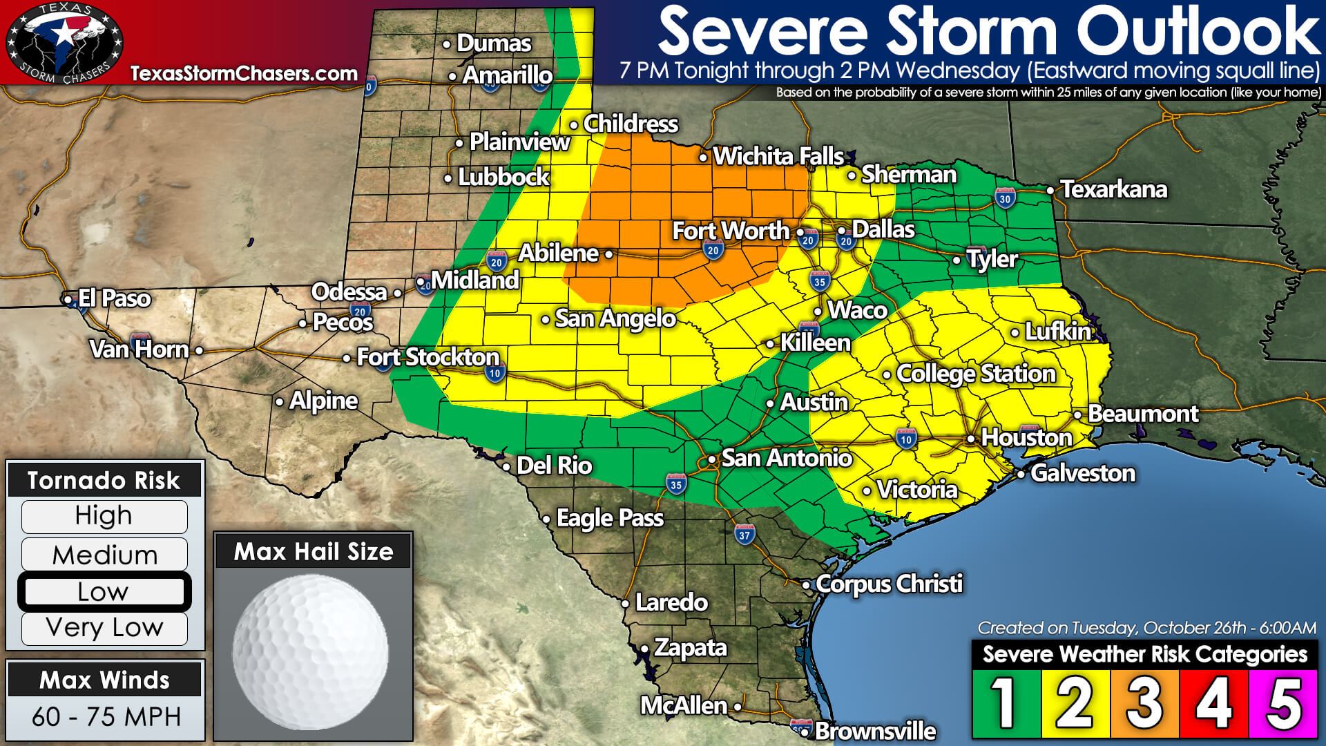 Line of Strong/Severe Storms will move east across Texas Late Tonight & Wednesday Morning