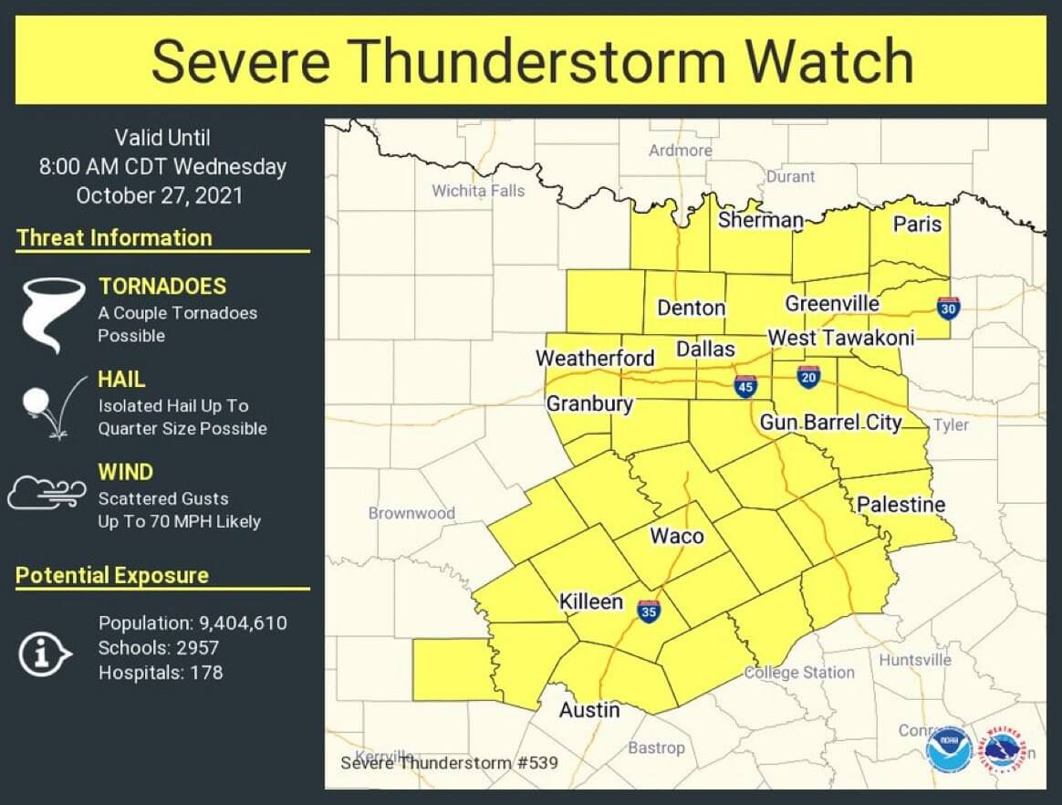 1:45AM Severe Weather Update; Severe Storm Watch Issued for North & Central Texas until 8 AM