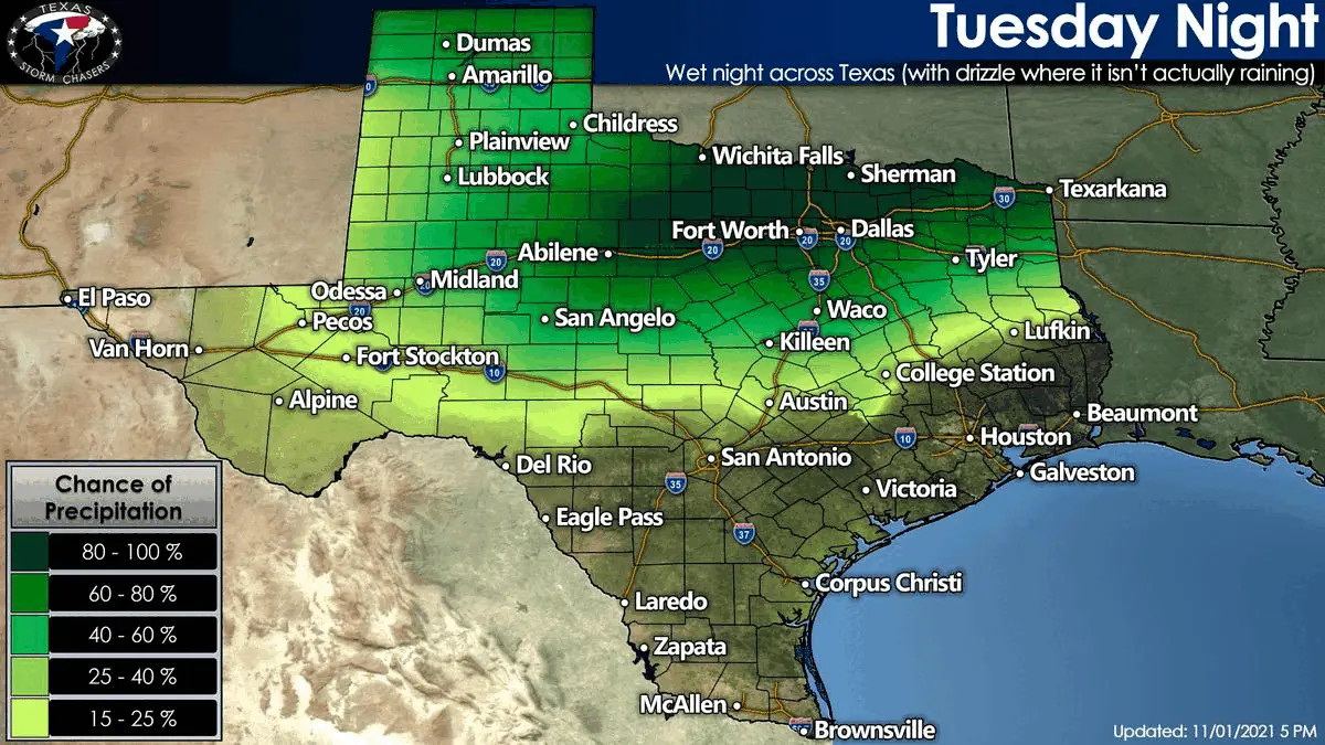 Chance of rain on Tuesday, Tuesday Night, and Wednesday. Rain chances will begin across the northern half of Texas on Tuesday and spread south to include much of Texas on Wednesday and Wednesday Night. Rain chances will end from north to south on Thursday.