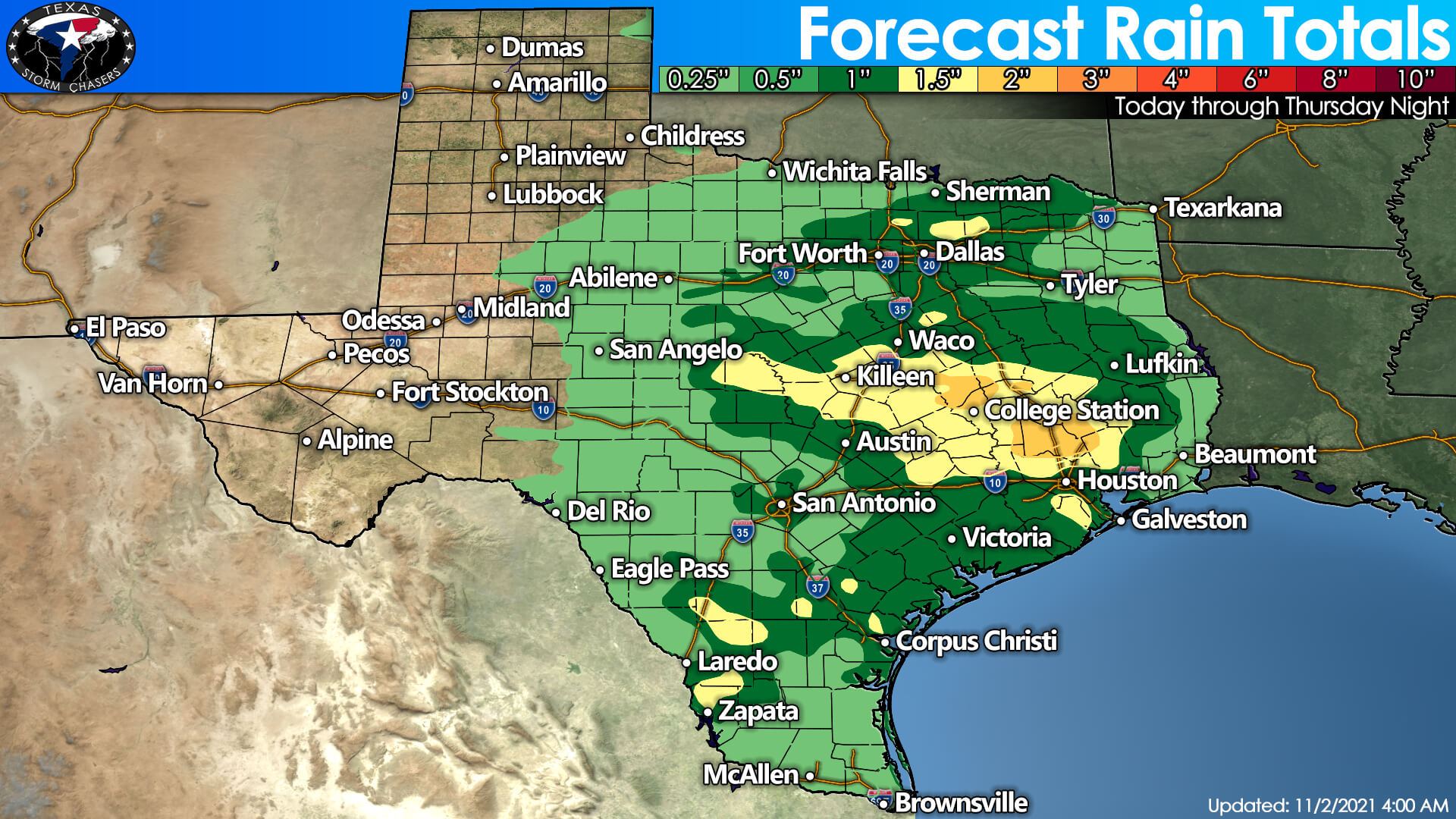 Between one-quarter and one and a half inches of rain may fall between Today and Thursday across the eastern two-thirds of Texas. The heaviest rains are expected from North Texas south through the Brazos Valley, Coastal Plains, and Southeast Texas. 