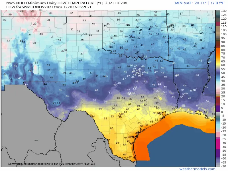 Forecast low temperatures across Texas through Sunday morning. Temperatures will drop into the 30s and 40s for most folks at least one night this week.