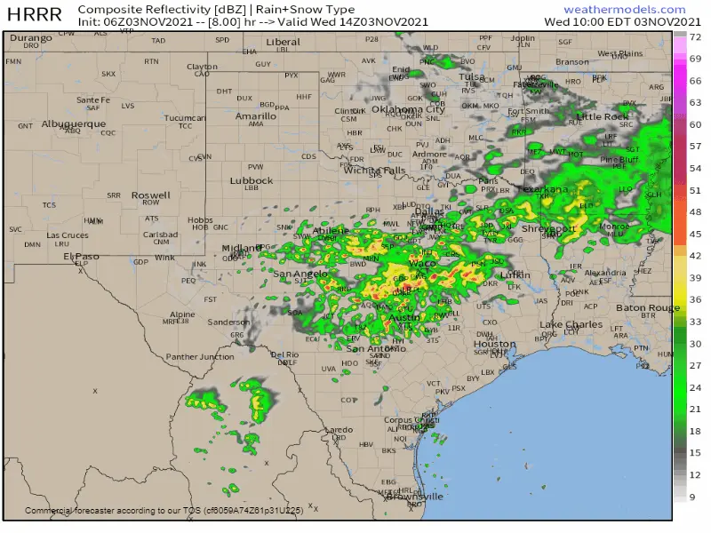 Simulated weather model radar for today, tonight, and much of Thursday. Rain will increase in intensity this afternoon across the southeastern half of Texas, continue tonight, and end from north to south on Thursday - moving off the Texas coast by mid-afternoon. 