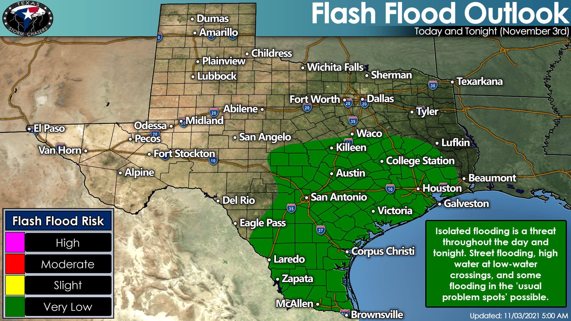 Isolated flooding is possible across Central Texas, the Hill Country, South Texas, the Brazos Valley, Southeast Texas, and the Rio Grande Valley today and tonight.