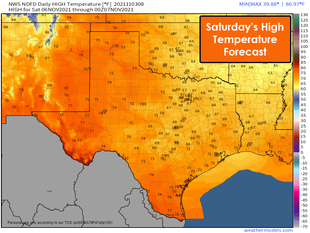 Saturday's High Temperature Forecast for Texas. High temperatures will make it into the 60s and 70s.