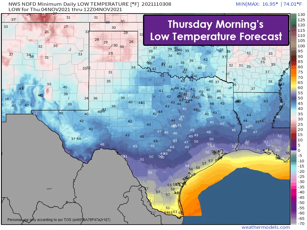 An animation showing forecast low temperatures from Thursday through Sunday. Chilly temperatures are likely each night, although conditions will begin moderating this weekend.