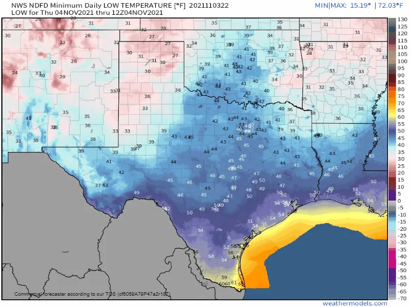Forecast low temperatures through Monday across Texas.