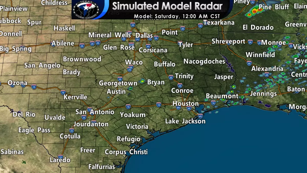 Simulated weather model radar late tonight through Saturday morning showing a line of storms quickly moving southeast across East Texas, Southeast Texas, and the Brazos Valley - before moving off-shore by lunch-time.