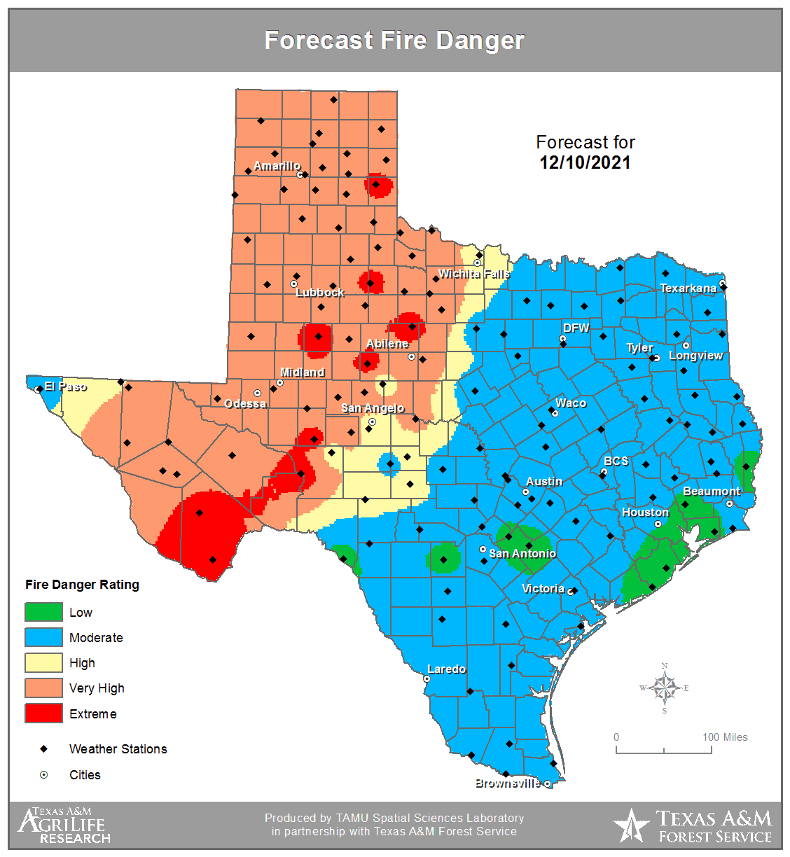 Very high to extreme wildfire danger is expected today across the western half of Texas.