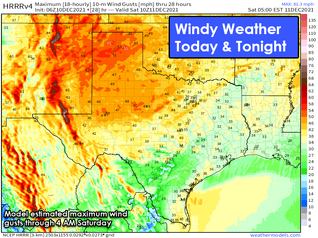 Strong winds this afternoon are likely across the western half of Texas (some wind gusts exceeding 50 MPH). Blowing dust may locally reduce visibility. Winds will temporarily slack off around dinner-time, but reemerge out of the northwest as crashy the cold front blasts south into Texas. Strong wind gusts up to 45 MPH are likely behind the cold front tonight and Saturday morning as it moves further south.