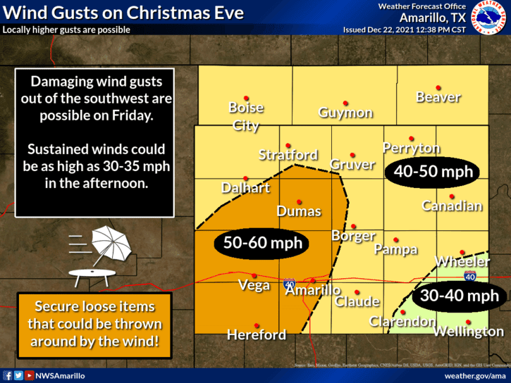 50 to 65 MPH winds are forecast on Friday across the western and central Texas Panhandle and West Texas, impacting Interstates 27 and 40 - along with Highway 287. Severe to extreme wildfire danger along with blowing dust will create locally hazardous travel conditions.