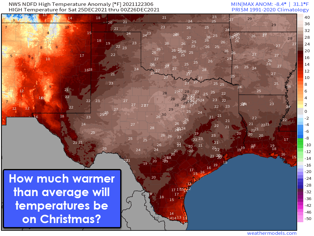 High temperatures on Christmas Day will be 15 to 35 degrees above average (compared to the past 30 years for Christmas). Several towns will set new record high temperatures and experience their warmest Christmas in recorded history (going back around or more than a century).