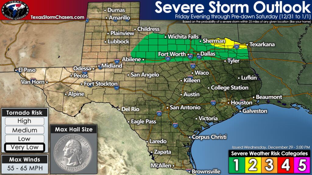 Isolated severe thunderstorms are possible late Friday night and Saturday morning across Texoma, North Texas, and Northeast Texas. Timing differences amongst weather-model data makes the thunderstorm forecast more difficult. Localized damaging wind gusts and small hail appear to be the primary hazards with stronger storms. 