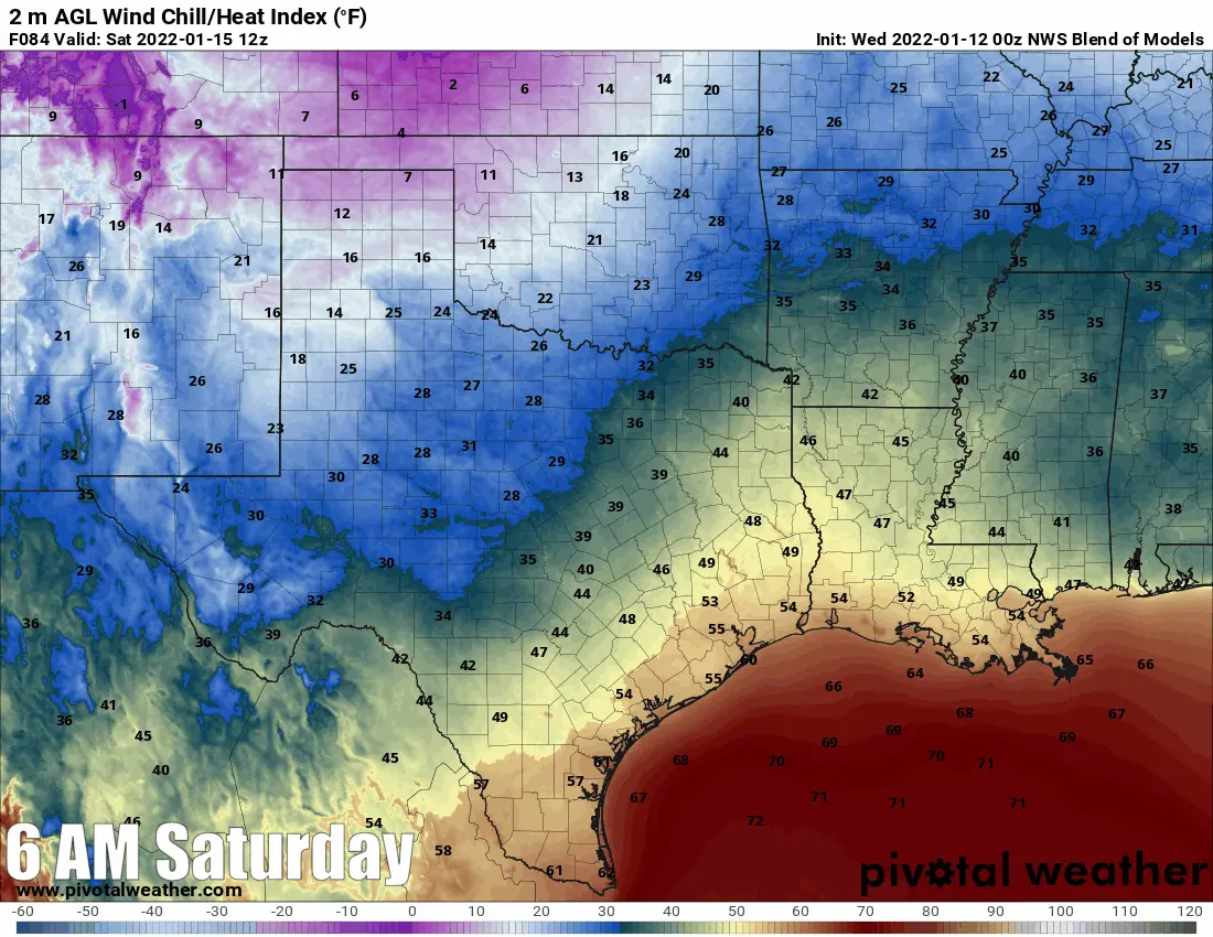 A strong cold front will bring gusty northwest winds on Saturday and Sunday to Texas. Temperatures will drop into the 30s, 40s, and 50s (colder north, warmer south) for Saturday and Sunday. Wind chill values will be ten to twenty degrees colder than the air temperature.