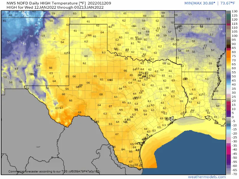 Above-average temperatures will continue across Texas through the end of the work week. A brief return to 'winter' will occur this weekend. We'll recover right back into 'spring' early next week.