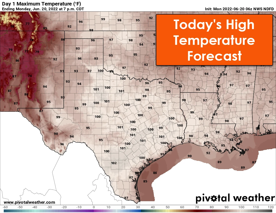 High temperatures will continue to remain in the upper 90s to lower 100s through mid-week. We'll see temperatures trend upward to 103-110 degrees across Texas by Friday, Saturday, and Sunday.