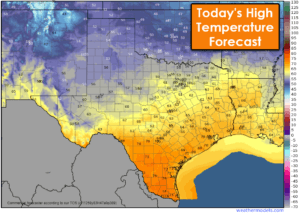Today's high temperatures across Texas will range from the 50s across the northwestern third of Texas, up into the 60s and 70s for the southeastern two-thirds of Texas.