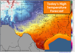 Today's high temperature forecast for Texas showing much cooler conditions across the northwestern half of the state, while the southeastern half enjoys one more unseasonably warm day before crashy the cold front arrives this evening.