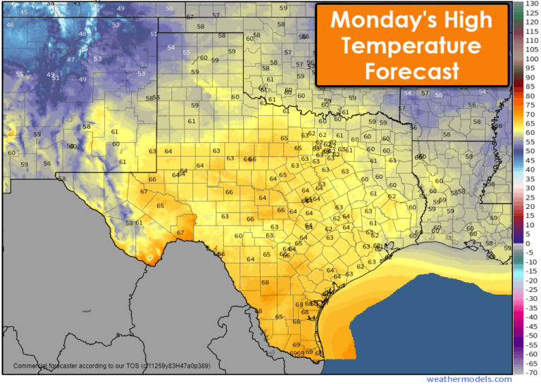 Today's high temperature forecast for Texas, with 50s and 60s statewide.