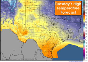 Tuesday's high temperatures for Texas will do a flip-flop from today! The coolest temperatures, with 50s, will be across the eastern third of Texas, while the western two-thirds of Texas enjoy 60s and 70s.