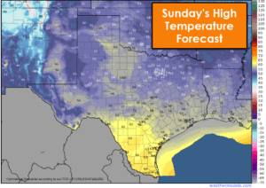 High temperatures across Texas on Sunday will be much cooler, with temperatures only making it up into the 40s, 50s, and low 60s. About twenty degrees cooler tomorrow than the last few days, but still no where near an 'arctic blast'. 