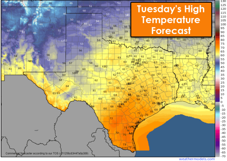 Tuesday's high temperature forecast for Texas, with 40s adn 50s in the Panhandle and West Texas; increasing to the 60s and 70s elsewhere in the state. 