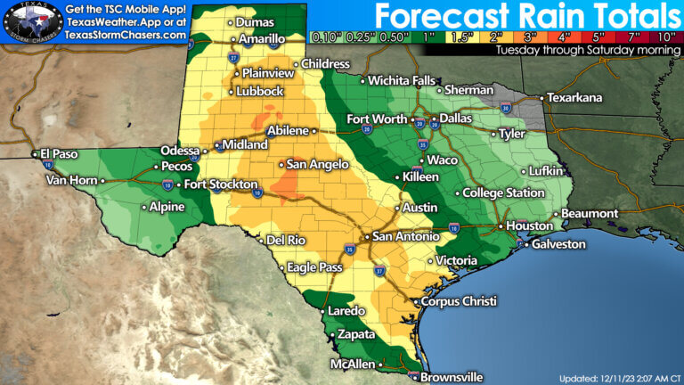 A forecast rain graphic of Texas through Saturday morning. our upcoming multi-day stretch of rain chances will bring beneficial rain totals across the western half to the western two-thirds of Texas by the weekend. On average, one to three inches of rain is possible across the Texas Panhandle, West Texas, Permian Basin, Big Country, Concho Valley, Edwards Plateau, Hill Country, South Texas, the Coastal Plains, and the Coastal Bend. Some higher rain totals are possible, and we’ll have to watch for flooding by Thursday and Friday. Rain totals will be lighter across Far West Texas, the Trans-Pecos, and across Texoma, North Texas, East Texas, and Southeast Texas. Higher rain chances in the eastern third of Texas over the weekend could help increase those rain totals.