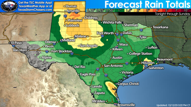 Over the next few days, one to three inches of rainfall is expected for the Texas Panhandle, West Texas, Northwest Texas, and the Big Country. Locally higher rain totals are possible, and it'll certainly be enough to wash out the gullies. Widespread one-quarter to one-inch rain totals are expected elsewhere across Texas by Saturday if you're located east of the Guadalupe and Davis Mountains. In other words, the eastern seventy-five percent of Texas will likely get rained on. Rain chances will be highest across the eastern half of Texas on Friday, including Texoma, North Texas, all the way down through Central and South Texas, into the Ark-La-Tex, East Texas, and Southeast Texas. We'll see rain chances in South Texas, the Rio Grande Plains, and the Rio Grande Valley over the next few days, with abundant moisture in place.