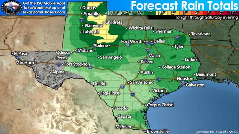 By Friday morning, we’ll see an additional one to three inches of rainfall across the Texas Panhandle, West Texas, Northwest Texas, and the Big Country. The remainder of the eastern two-thirds of Texas can generally expect anywhere from one-tenth to two inches of rain through Friday night before rain exits Texas to the east Saturday morning.