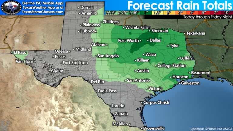 Five day rain forecast for Texas. The best chance for one-tenth to one inch of rainfall will be across Texoma, North Texas, Central Texas, Northeast Texas, East Texas, and Southeast Texas. That system should move east of Texas by Saturday morning. 