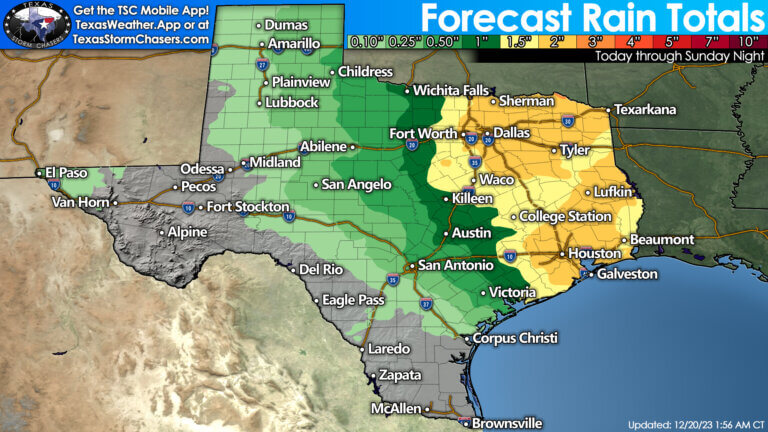 Forecast rain amounts across Texas from tonight through Sunday night. Heaviest totals (one to three inches) across the eastern third of Texas. The eastern two-thirds of Texas may see at least one-tenth of an inch of rain. 