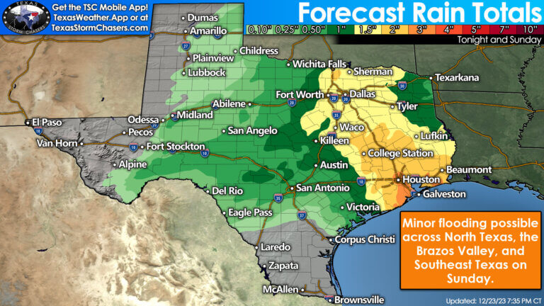 Texoma, North Texas, the Brazos Valley, Southeast Texas, and the Golden Triangle have the best chance of receiving an additional one to three inches of rain by Sunday evening. Most of that rain will fall in the span of about six hours as the line of storms continues to march from west to east. Minor flooding is a good bet, with plenty of ponding on roads, high water in bar ditches, etc. One-half to one inch of rain is expected tonight into Sunday morning in Northwest Texas, the Big Country, Concho Valley, Hill Country, South-Central Texas, and the Coastal Plains.